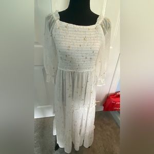 Square Neck 3/4 Sleeve Gold Foil Star Printed Smocked Midi Dress